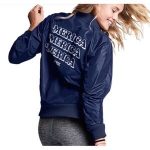 VICTORIA'S SECRET PINK SATIN BOMBER JACKET! NAVY! MERICA~Small